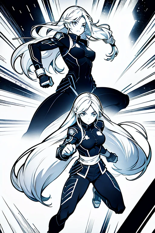 Girl with long white hair fighting, full body positions, manga page with panels and dialogue 