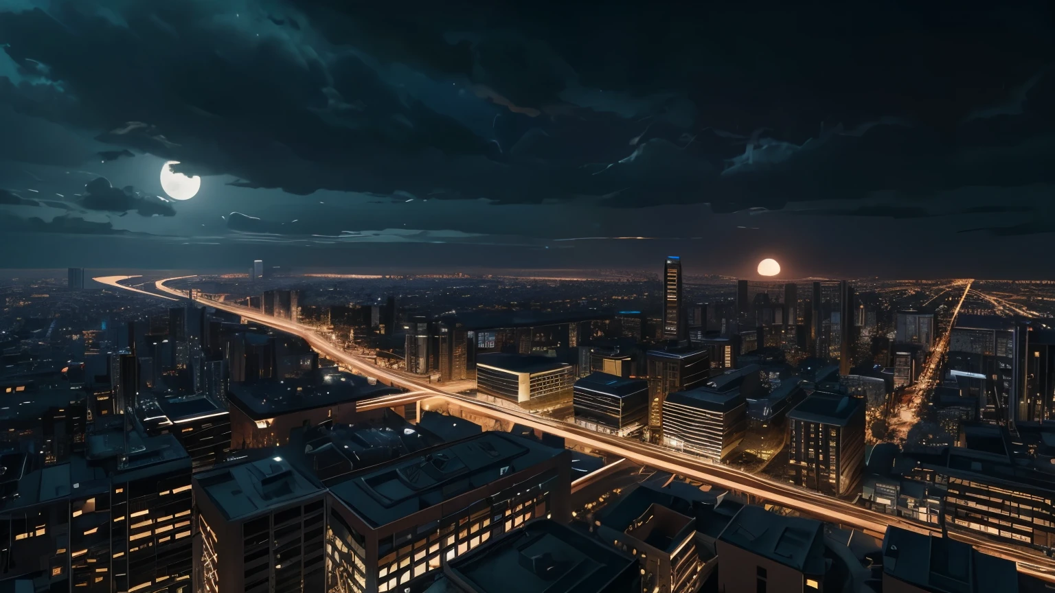 /Imagine beautiful digital art of a big city, This view can be seen from the top of a very tall building., The scene is a big city at night with many buildings., From the roof、I see a car with its lights on going by below., The sky is dark on the horizon、The full moon is in the dark clouds, An ominous and tense environment, Concept art style art from Artstation website, You can see the brushstrokes of the artwork,