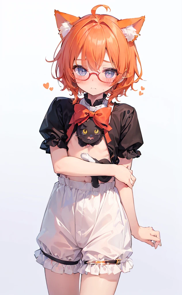 (((Boy with cat ears))), 8k, ((best quality)), 7 yease old, very cute, orange hair, (((very blush))), Wear glasses,