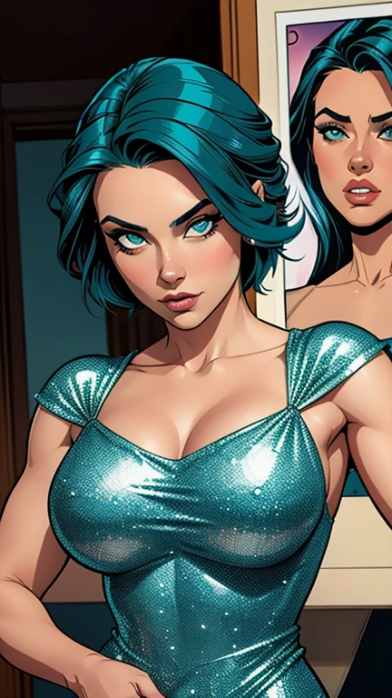 .mulher de 21 anos , cabelo longo e liso em tom ruivo, olhos azuis brilhantes e expressivos, ela optou por um elegante vestido preto. saque, peituda. Comic style. Quadrinhos da Marvel