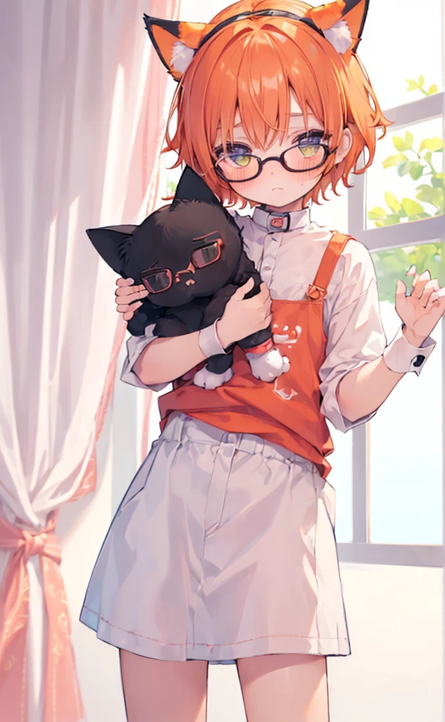 (((Boy with cat ears))), 8k, ((best quality)), 7 , very cute, orange hair, (((very blush))), Wear glasses,