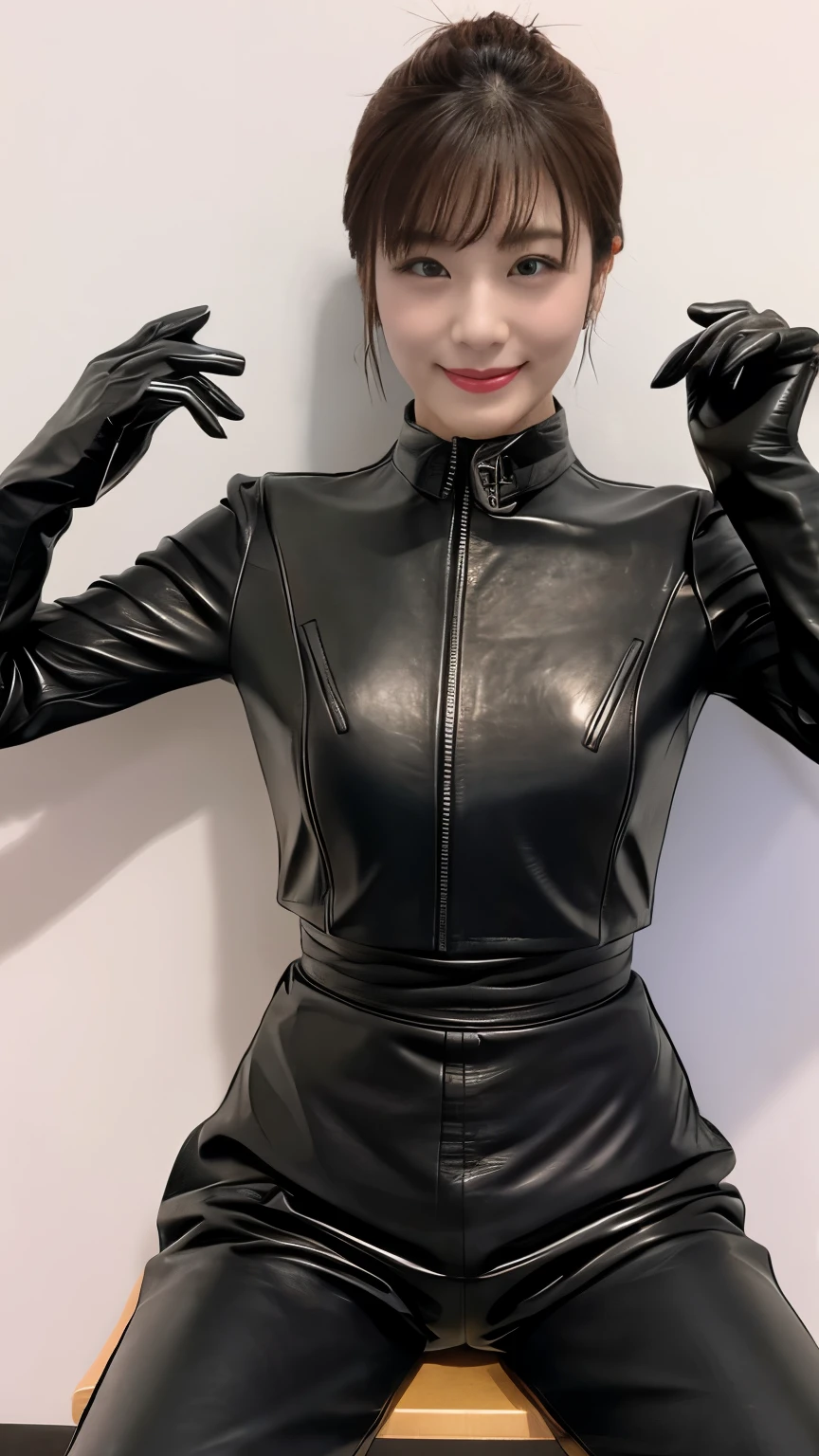black leather rider jacket, , Black leather gloved fingertips on both hands,Wearing black leather gloves,Sitting in a black leather chair、 Japanese female new recruits (Black leather gloves cover both hands) (The angle is horizontal)、Black Leather Pants,Black Leather Black Leather Pants,Black Leather Skinny Pants、Long black leather boots on both feet、((He wears black leather gloves on his hands))Full Body Photo,full body shot full body full body leather suit,☺If you turn in this direction。Wearing black leather gloves,Wearing black leather gloves,Wearing black leather gloves,Wearing black leather gloves,Wearing black leather gloves,Wearing black leather gloves,黒のレザーパンツが美しい😍黒のレザーパンツが美しい😍黒のレザーパンツが美しい,😍Smiling while looking at me,City lights、Life-size　(Neon Light)、Detailed lighting Best image quality、Ultra-high resolution、(realism:1.4)、Japanese Beauty Star、The most beautiful JPOP stars、face、Horny Korean Makeup、A body that makes you want to touch it、Realistic leather texture、Costume made of smooth leather fabric、The drape of the curved parts of the leather fabric、The costume is very shiny、Quality of the costume、8K Photo Quality