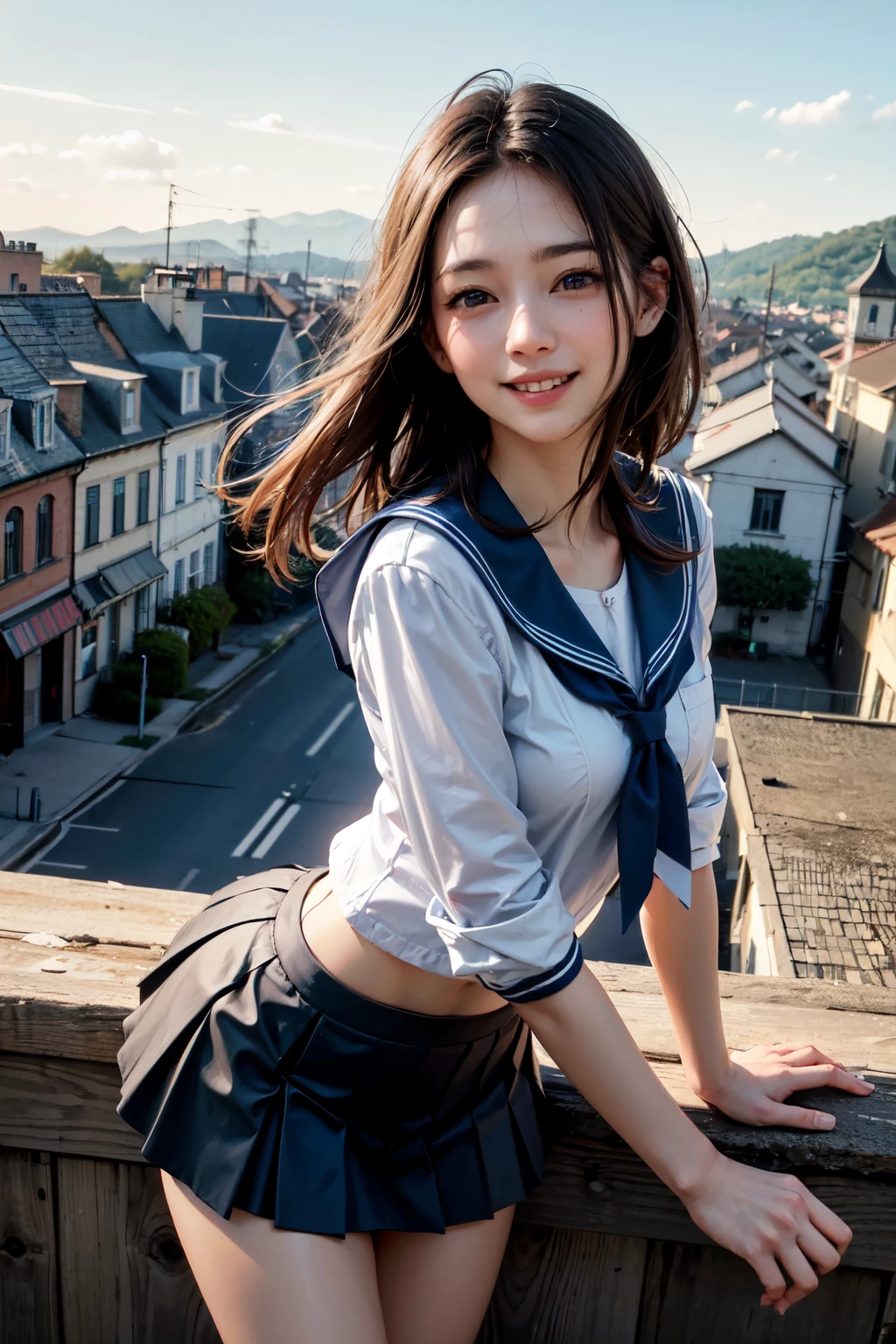 very cute and beautiful girl,(highly detailed beautiful face),
(smile:1.2),happy,black hair,(sailor ,pleated navy blue mini skirt),dynamic pose,looking at viewer,
many european houses with red roof,(town overview:1.2),
(best quality,masterpiece),absurdres,highres,ultra-detailed,extremely detailed,32k,8k resolution,
intricate details,cinematic scene,detailed background,solo,dynamic angle,
hair fluttering in the wind,beautiful detailed sky,