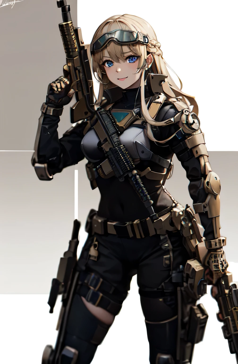 ruanyi0300, armor, belt, gloves, mecha, robot, goggles, holding weapon, m4 carbine, assault rifle, holding gun,, absurdres, ultra detailed, masterpiece, best quality, aesthetic, detailed,, solo, soft smile, light smile,
katya1, 1girl, blue eyes, very long hair, blonde hair, long blonde hair, french braid, bangs, medium breasts,