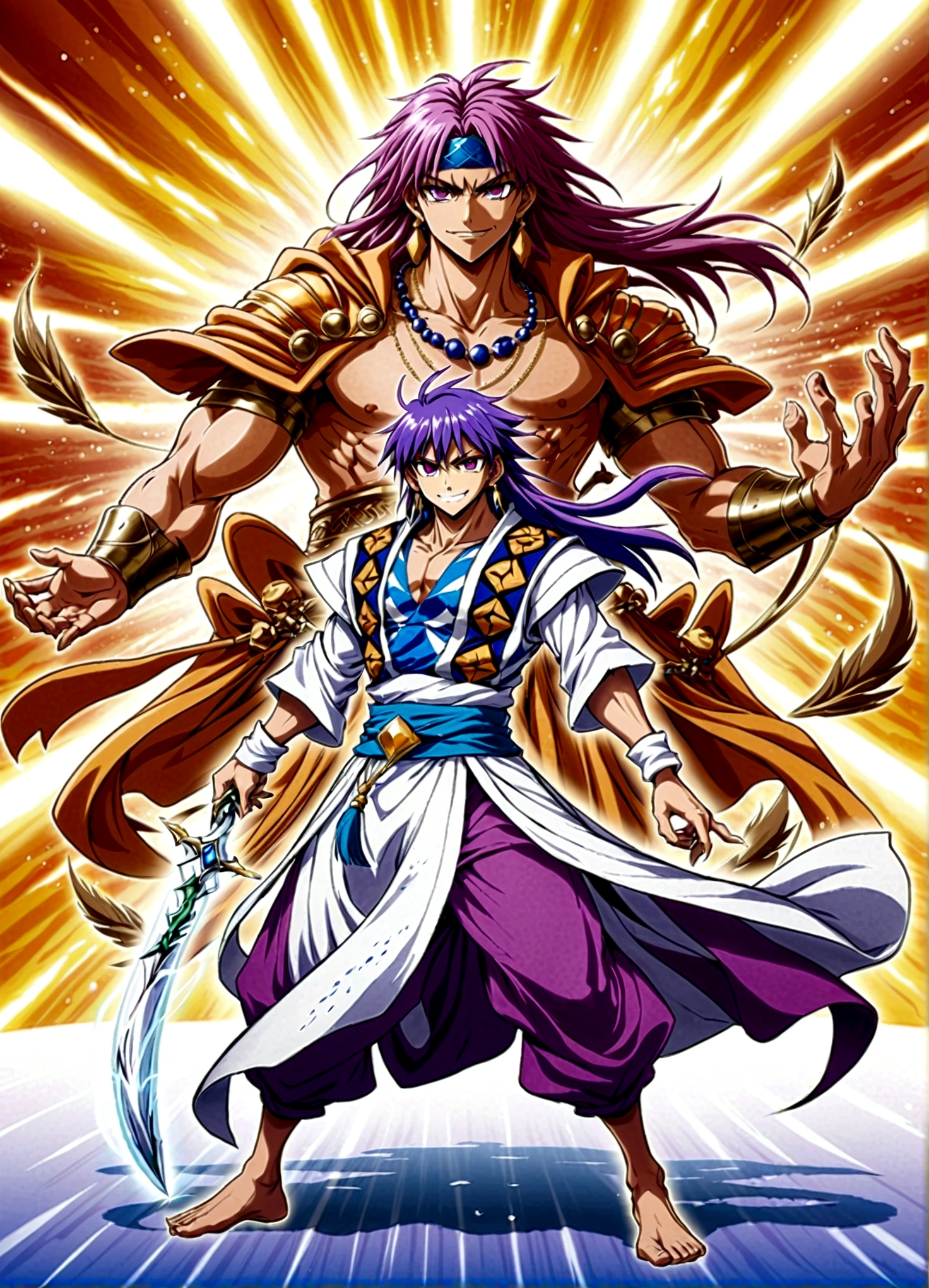 apanese Manga "Magi: The Labyrinth of Magic", sinbad, magi, 1boy, solo, Male focus, looking at the viewer, jewelry, purple hair, brown eyes, long hair, deep eyes, handsome appearance and heroic temperament, gorgeous clothing, wearing headdress and jewelry, showing aristocratic majesty and elegance, his burly and strong figure, showing his strong fighting ability and leadership style, magic tools, magic battle, lightning explosion, masterpiece, best quality, high quality, full body, long shot