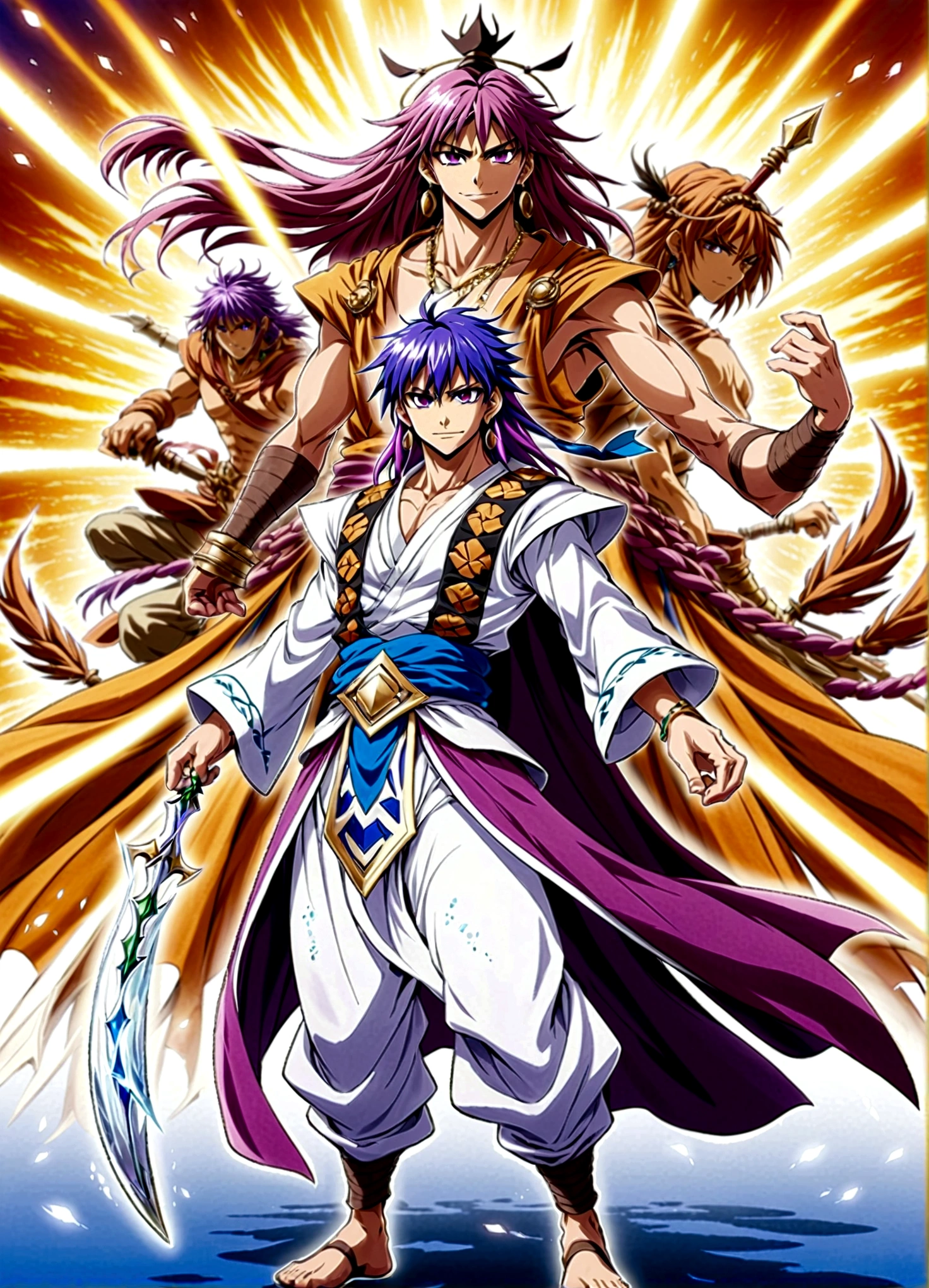 apanese Manga "Magi: The Labyrinth of Magic", sinbad, magi, 1boy, solo, Male focus, looking at the viewer, jewelry, purple hair, brown eyes, long hair, deep eyes, handsome appearance and heroic temperament, gorgeous clothing, wearing headdress and jewelry, showing aristocratic majesty and elegance, his burly and strong figure, showing his strong fighting ability and leadership style, magic tools, magic battle, lightning explosion, masterpiece, best quality, high quality, full body, long shot