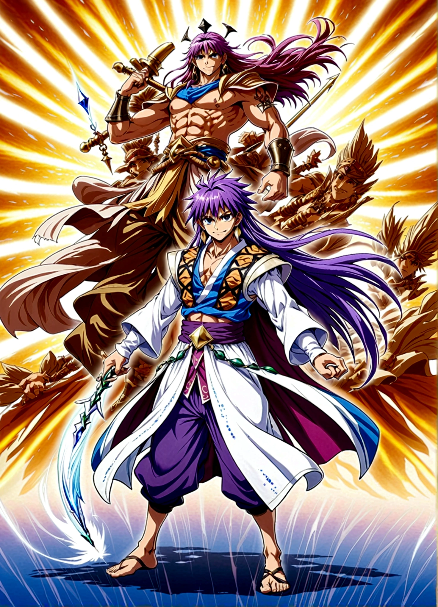 apanese Manga "Magi: The Labyrinth of Magic", sinbad, magi, 1boy, solo, Male focus, looking at the viewer, jewelry, purple hair, brown eyes, long hair, deep eyes, handsome appearance and heroic temperament, gorgeous clothing, wearing headdress and jewelry, showing aristocratic majesty and elegance, his burly and strong figure, showing his strong fighting ability and leadership style, magic tools, magic battle, lightning explosion, masterpiece, best quality, high quality, full body, long shot