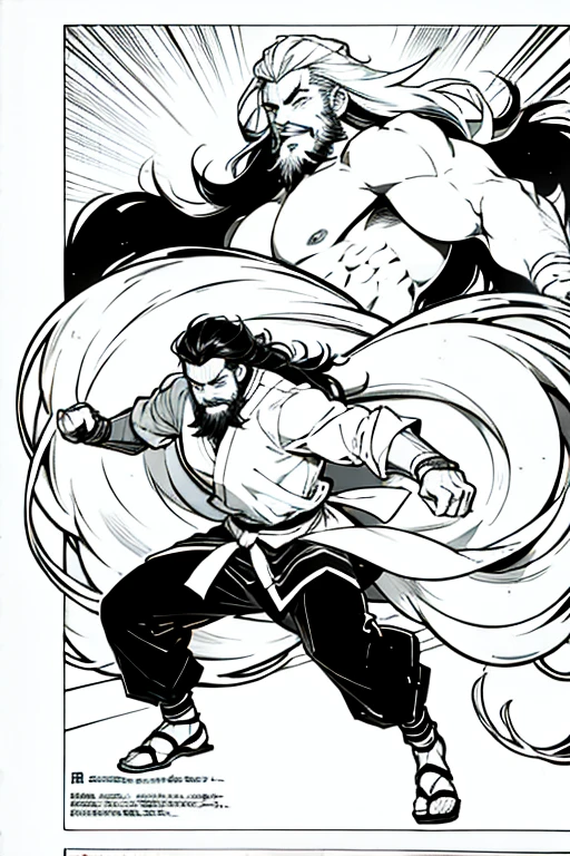 Anime guy with long hair and a beard fighting, full body positions, manga page with panels and dialogue 