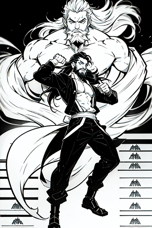 Anime guy with long hair and a beard fighting, full body positions, manga page with panels and dialogue