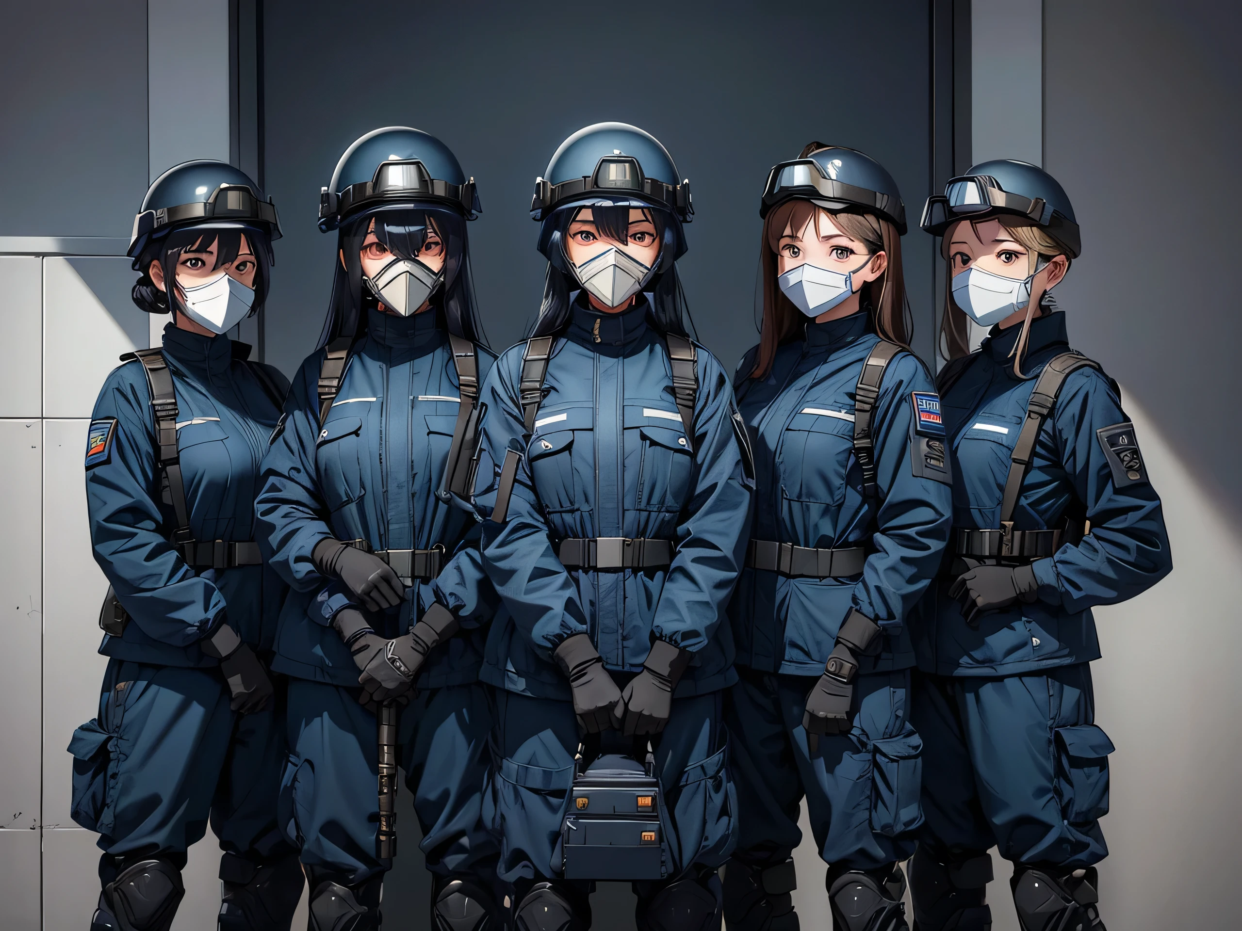 Four female soldiers wearing dark blue helmets、Standing guard at the front、Wearing a gas mask、Wear goggles、Wearing dark blue M-51 military uniform、Write details。masterpiece、best quality、Highly detailed CG、8K picture quality