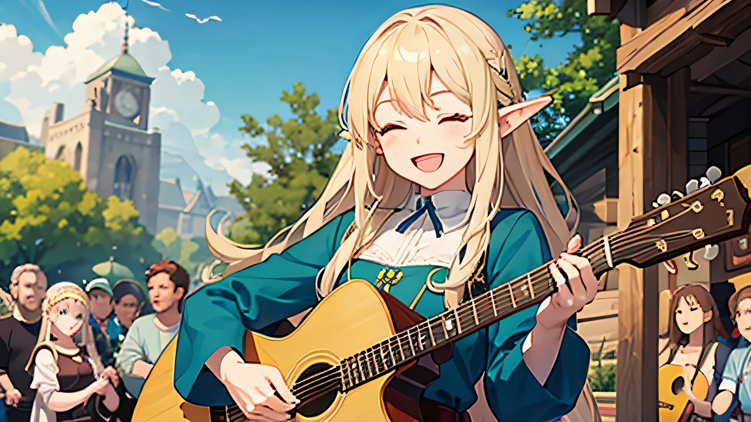 Anime Style,Beautiful bard elf girl with closed eyes,guitar,middle ages,A lively bar with lots of people,smile