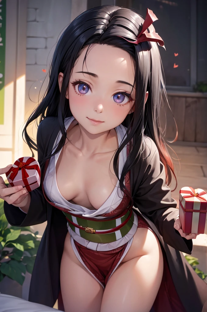 highest quality, masterpiece, Ultra-high resolution, (Realistic: 1.4), kamado nezuko, RAW Photos, 1 girl, 14, kimono, look at me, Small breasts, whole body, Sexy chest, Sexy thighs, , The best smile, Heart-shaped glowing skin, Dramatic lighting, ((((Give the gift of the heart)))), Lovely, Leaning forward, Are you okay, Quickly, cute, ((valley)), Highly detailed eye depiction,