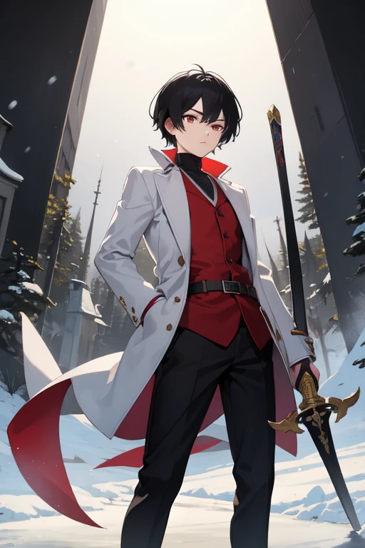 A tall, slender boy wearing a winter high , black hair, red eyes, holding a wooden sword, Fighting against evil spirits