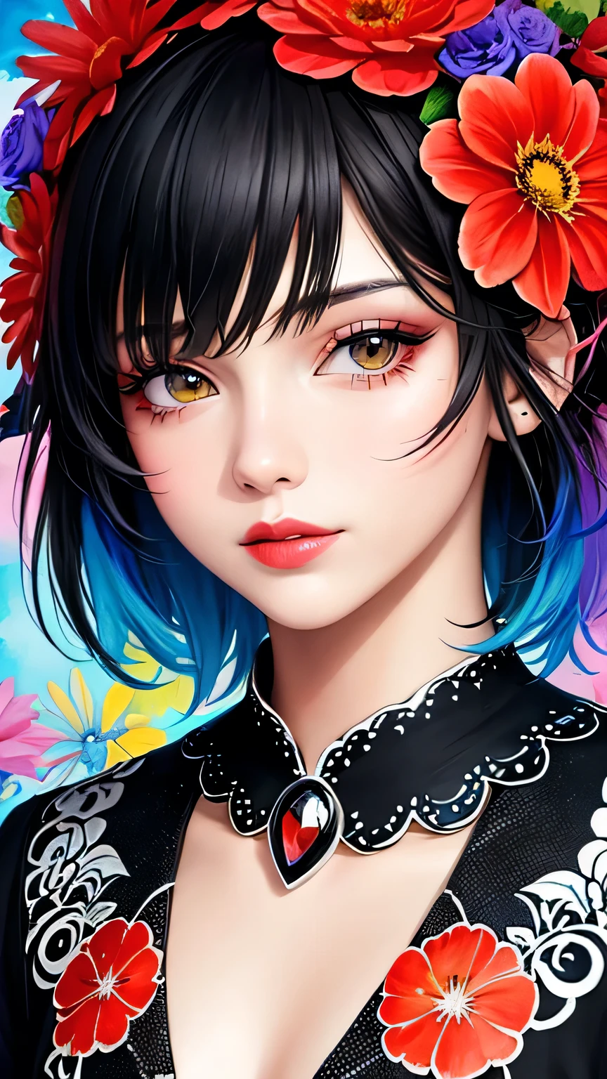 Black Star Red and White Style、(((stylish fashion))), 8K Quality、Intense watercolor, Detailed watercolor art, Watercolor splash, Surreal, avant-garde pop art, Beautiful and expressive paintings, Beautiful artwork illustration, Very colorful tones, wonderful, Cool beauty, highest quality、Official Art, Vector art, Stylish design, (((The most beautiful girl))), Lips in Love, (((highest quality))), HDR, ((detailed)), (((Doodle Art)), ((masterpiece)), ((Super detailed)), (((Colorful flowers))),(((Stylish))), Harbor View Hill