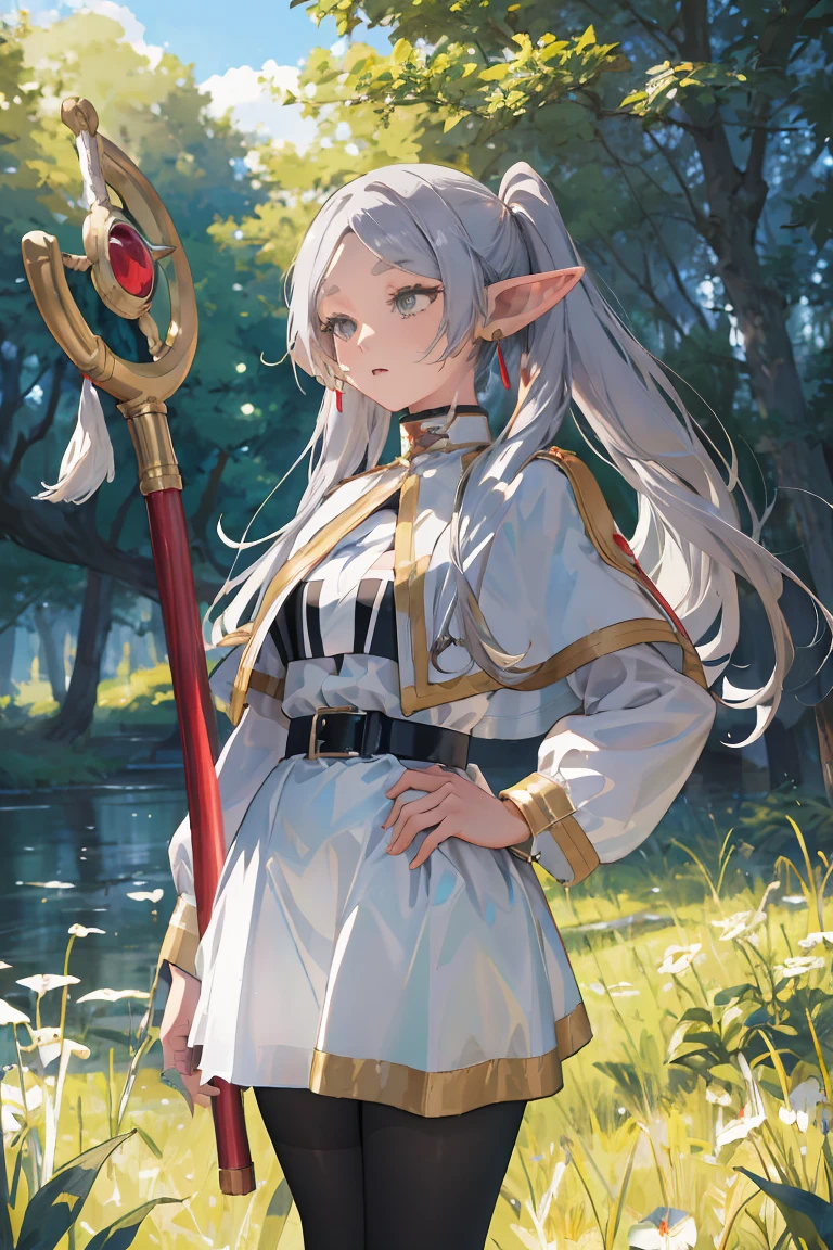 masterpiece, highest quality, Absurd, Perfect Anatomy, Freeze Base, Twin tails, Earrings, White capelet, Striped shirt, White Skirt, Long sleeve, belt, Black Pantyhose, staff, holding staff, Outdoor, forest, underwear、Thighs