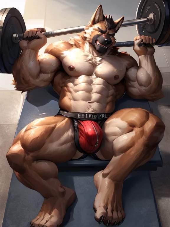 POV, top angle, solo,anthro,male,huge muscular,huge body,anthro,brown dog,(German shepherd),bodybuilder,solo,wolf,nipples,abs,hi res,pecs,fur,(pained expression:1.2),power lifting,white speedo,claws,fluffy fur,biceps,tuft,topless,nipples,gym,make your veins bulge,drop with sweat,extremly detailed,explict content, by lindong, by nullghost, (full barbell, holding barbell, lifting barbell, detailed barbell, working out, solid muscles), wearing jockstrap, (precum on jockstrap:1.5), fullbody, feet, lying down on bench