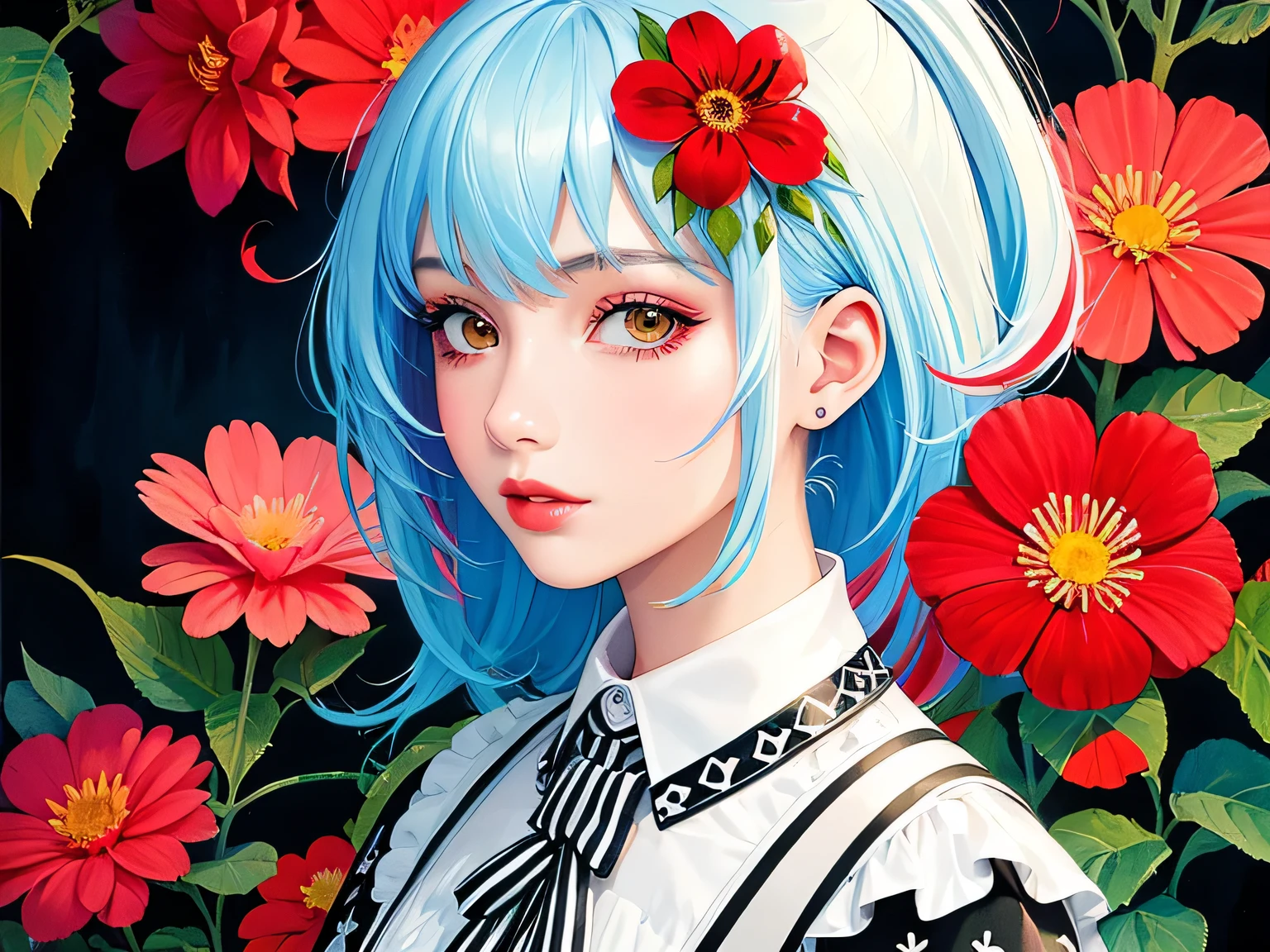 Black Star Red and White Style、(((stylish fashion))), 8K Quality、Intense watercolor, Detailed watercolor art, Watercolor splash, Surreal, avant-garde pop art, Beautiful and expressive paintings, Beautiful artwork illustration, Very colorful tones, wonderful, Cool beauty, highest quality、Official Art, Vector art, Stylish design, (((The most beautiful girl))), Lips in Love, (((highest quality))), HDR, ((detailed)), (((Doodle Art)), ((masterpiece)), ((Super detailed)), (((Colorful flowers))),(((Stylish))), Harbor View Hill