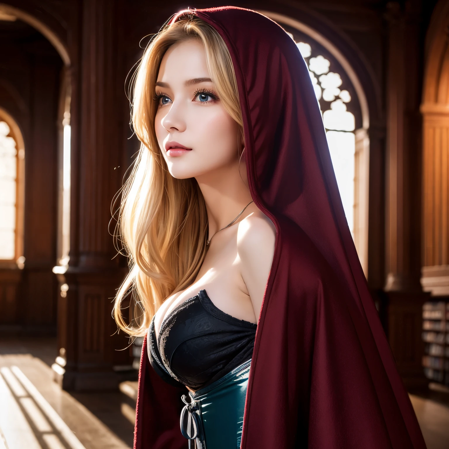 1 girl, wearing huge maroon hood up, (photo realistic:1.4), (hyper realistic:1.4), (realistic:1.3), (smoother lighting:1.05), (increase cinematic lighting quality:0.9), 32K, 1girl,20yo girl, realistic lighting, backlighting, light on face, ray trace, girl wearing a maroon off shoulder robe, wolf blonde hair with blue eyes, black corset, trimmed leg wear, huge maroon hood up, gorgeous face, high resolution, detailed face, not smiling, long hall library background, hair covering half of the face (brightening light:1.2), (Increase quality:1.4), (best quality real texture skin), finely detailed eyes, finely detailed face, (tired and sleepy and satisfied:0.0), (Increase body line mood:1.1), shiny skin