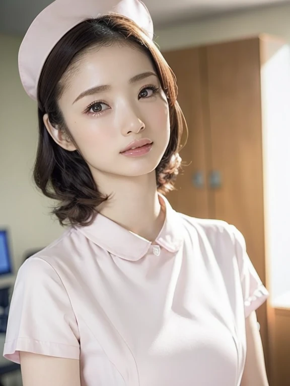 1 girl,(Wearing white nurse clothes:1.2),(RAW Photos, highest quality), (Realistic, photo-Realistic:1.4), masterpiece, Very delicate and beautiful, Very detailed, 2k wallpaper, wonderful, finely, Very detailed CG unity 8k wallpaper, Very detailed, High resolution, Soft Light, Beautiful detailed girl, Very detailed eyes and face, Beautiful and detailed nose, finely beautiful eyes, nurse, Perfect Anatomy, Black Hair, Upstyle, nurse uniform, ((nurse cap)), Long skirt, nurse, White costume, thin, hospital, clear, White Uniform, hospital room, Neck auscultation,(uetoaya)