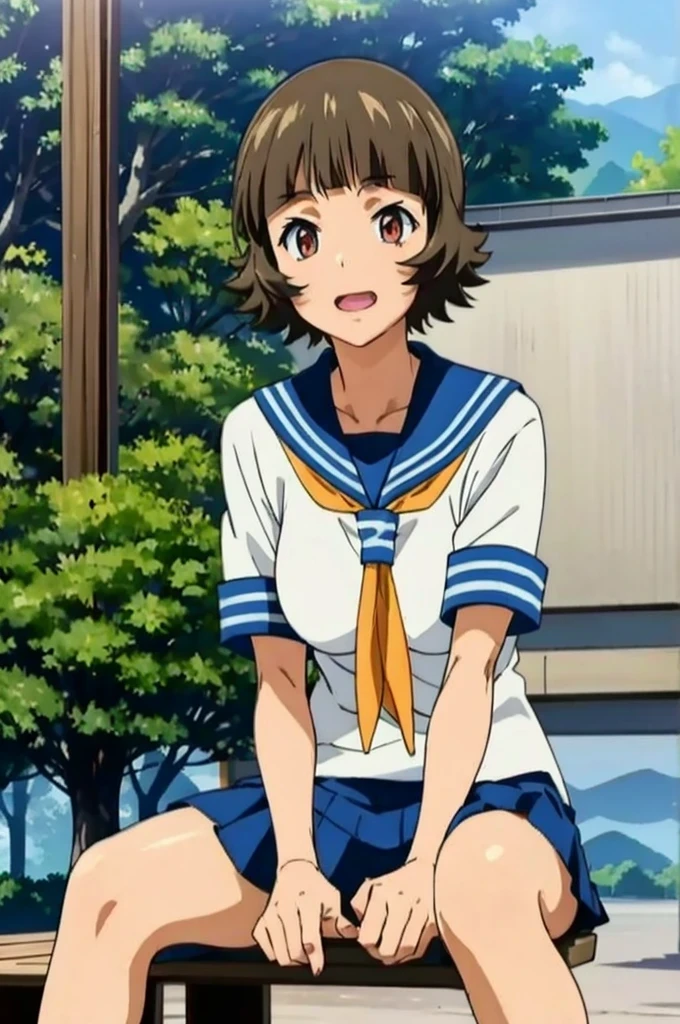 (masterpiece:1.3),(highest quality:1.4),(Super detailed:1.5),8K,High resolution,an extremely delicate and beautiful,Official Art,Perfect Anatomy,(anime_screencap:1.11),(90s Anime,90s Anime style,Cel-shaded anime:1.17),
anime coloring,detailed face and eyes, (solo:1.5),(anmnr:1.1),((ekitokuwz:1.52)),(school uniform:1.3),serafuku,short brown hair, pleated skirt, blue skirt, brown eyes, yellow neckerchief, short sleeves, japanese architecture,
Sitting, bench, wave hands, Open Mouth Smile, Outdoor