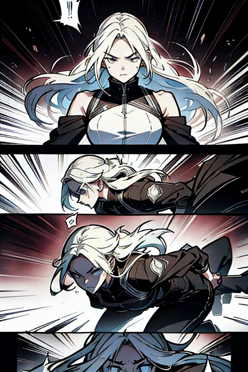 Girl with long white hair laying on the ground defeated getting extremely angry, intense fighting scene and expressions, manga page with panels and dialogue