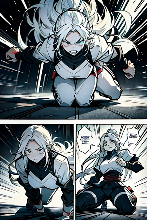 Girl with long white hair laying on the ground defeated getting extremely angry, intense fighting scene and expressions, manga page with panels and dialogue  
