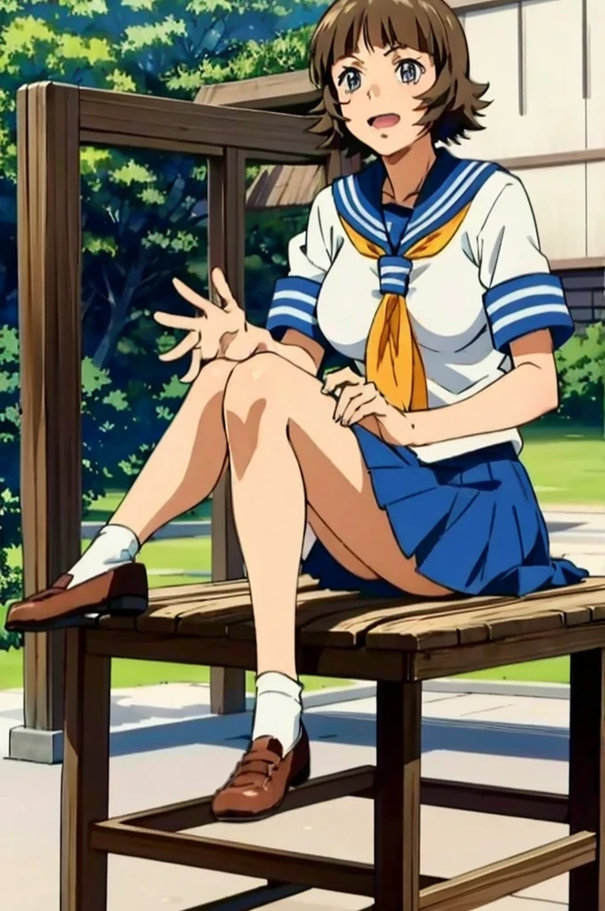 (masterpiece:1.3),(highest quality:1.4),(Super detailed:1.5),8K,High resolution,an extremely delicate and beautiful,Official Art,Perfect Anatomy,(anime_screencap:1.11),(90s Anime,90s Anime style,Cel-shaded anime:1.17),
anime coloring,detailed face and eyes, (solo:1.5),(anmnr:1.1),((ekitokuwz:1.52)),(school uniform:1.3),serafuku,short brown hair, pleated skirt, blue skirt, brown eyes, yellow neckerchief, short sleeves, japanese architecture,
Sitting, bench, wave hands, Open Mouth Smile, Outdoor