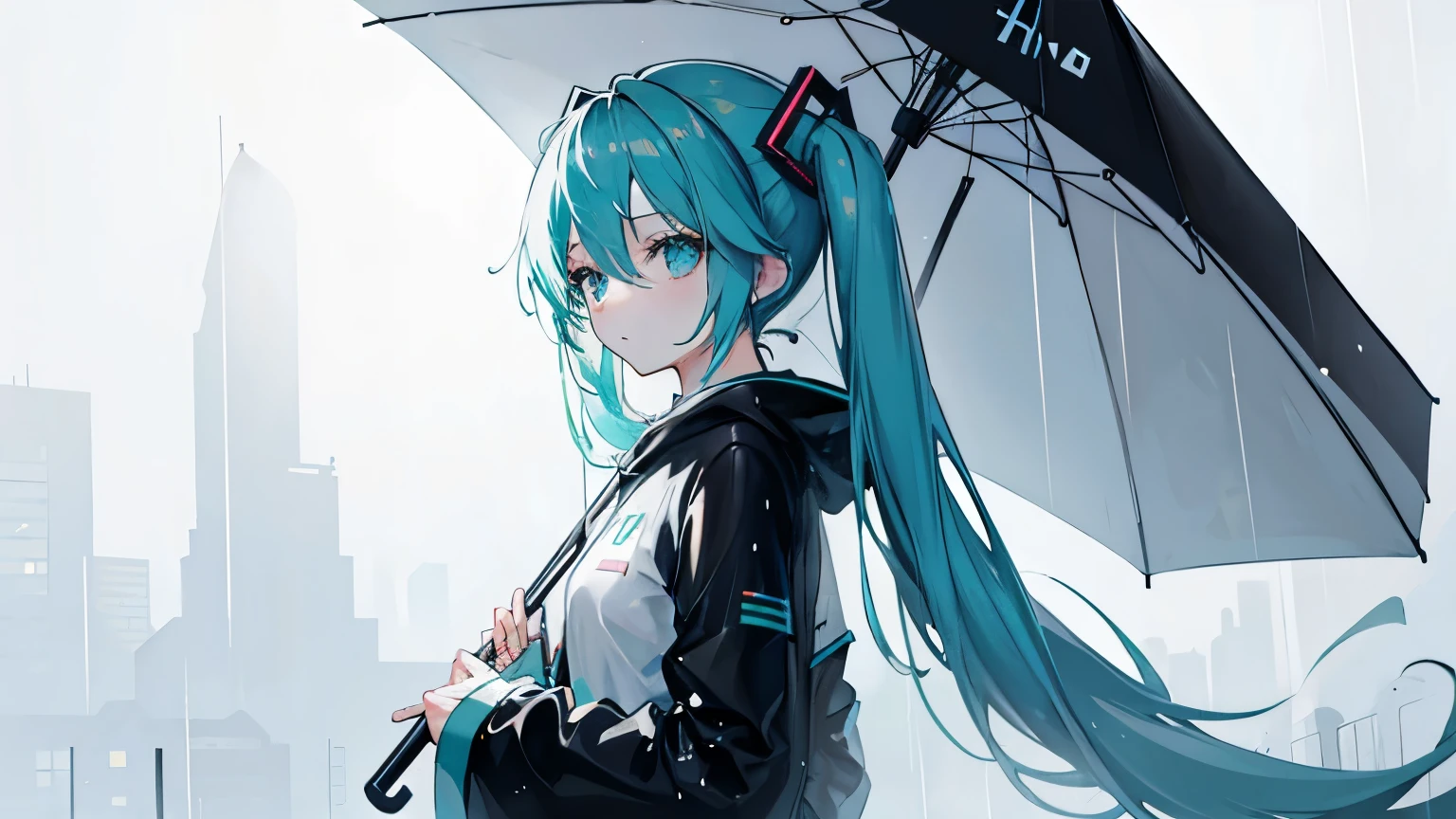 Hatsune Miku, Long sleeve, (It rains:1.2), (Minimalist umbrella:1.1), (masterpiece), (Best Quality, 8K, High resolution), Ultra-detailed