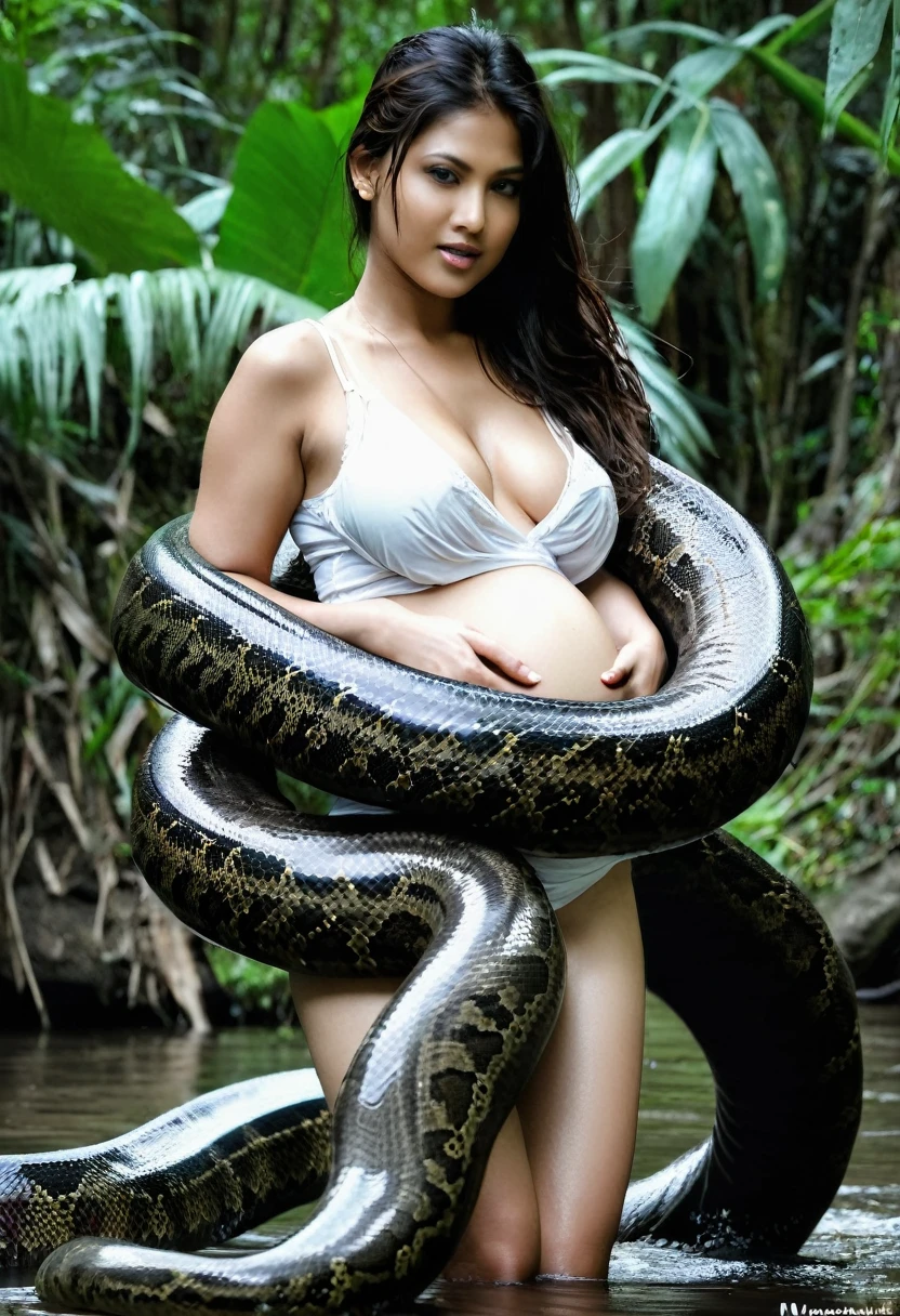 Indian  Pregnant Top quality, masterpiece, super high resolution, real photo, raw photo, cute, beautiful girl, happy expression, joy, glossy skin, dramatic lighting, full body, full body wet, dirty white tank top, sheer with thin fabric, white shirt dirty with mud, beautiful breasts, beautiful ass, butt sticking out, creepy, in the dark jungle, waterside, black large titanboa , slim, long limbs, slimy, slim Sleeping on large titanboa a large giant black titanboa wrapped around her neck, a large titanboa wrapped around her body, a titanboa’s head from between her crotches, a titanboa  and a titan’s intertwining their tongues and kissing, a girl hugging giant titanbo a girl and a large titanboa staring at each other Many large anacondas horny aroused  tentacle sex large object penetration nsfw snake tongue kissing blowjob bestiality