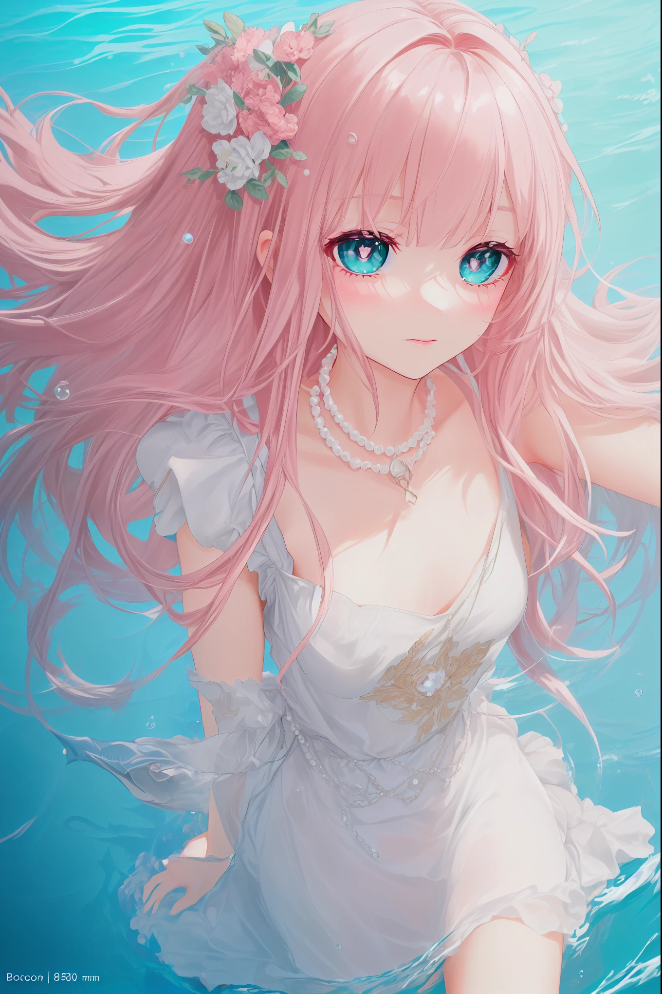 (((pearl pink hair,emerald pupils))),((beautiful and detailed)),(blushing), (geometric:1.1),(((under the water,in the ocean,bubbles,fish))), ((1girl,amazing,adorable girl,solo,arms down)),(Masterpiece,Best quality, offcial art,fractal art, Beautiful and aesthetic:1.2),(4k,HD,HRS),((small breasts)),(Physically-based rendering),Sharp focus, (((highdetailskin,The details are complex、Shallow depth of field、movie lighting、Reflectors、a Canon EOS R5、50mm lens、f / 2.8、shot at 8k resolution))),simple cloths，correct pupils,((((shiny hair|detailed hair|half bangs|long hair)))),(masterpiece sidelighting),(The sheen),(beautiful hair,beautiful background,bokeh:55mm)),((extremely_Detailed_Eyes_and_face)),Movie girl,(Dynamic posture: 1.2),Brilliant