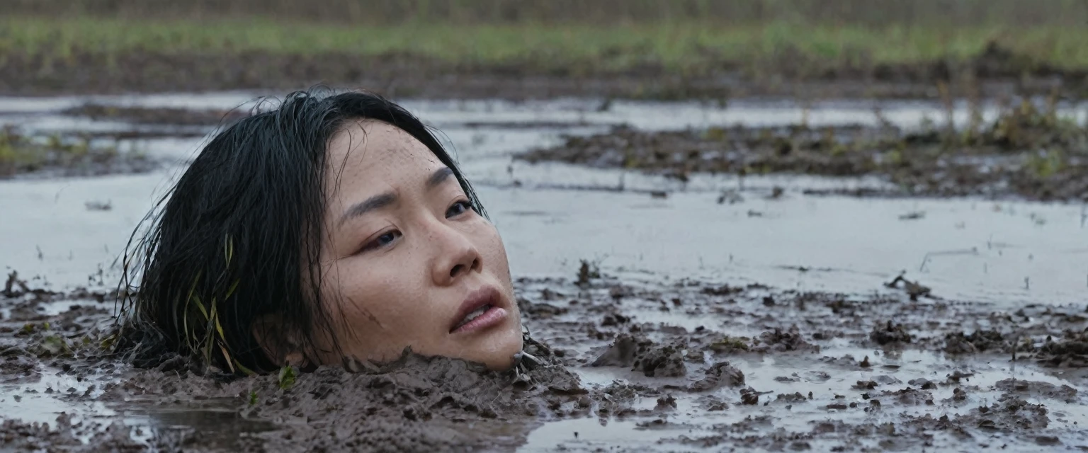 woman head drowned in muddy bog, from far view, orgasm, asian