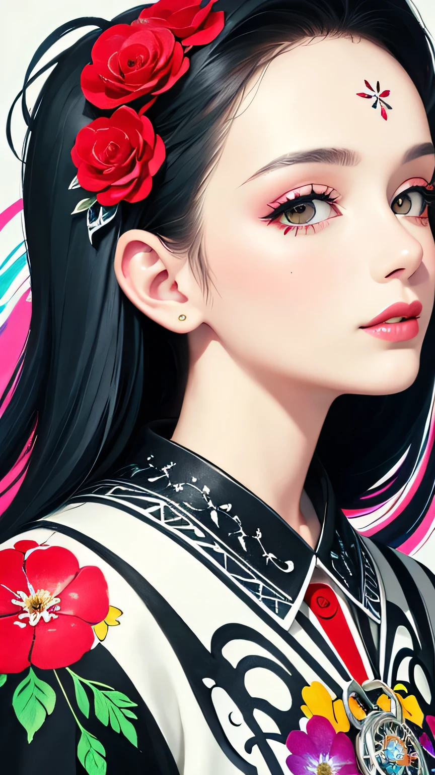 Black Star Red and White Style、(((stylish fashion))), 8K Quality、Intense watercolor, Detailed watercolor art, Watercolor splash, Surreal, avant-garde pop art, Beautiful and expressive paintings, Beautiful artwork illustration, Very colorful tones, wonderful, Cool beauty, highest quality、Official Art, Vector art, Stylish design, (((The most beautiful girl))), Lips in Love, (((highest quality))), HDR, ((detailed)), (((Doodle Art)), ((masterpiece)), ((Super detailed)), (((Colorful flowers))),(((Stylish))), Harbor View Hill
