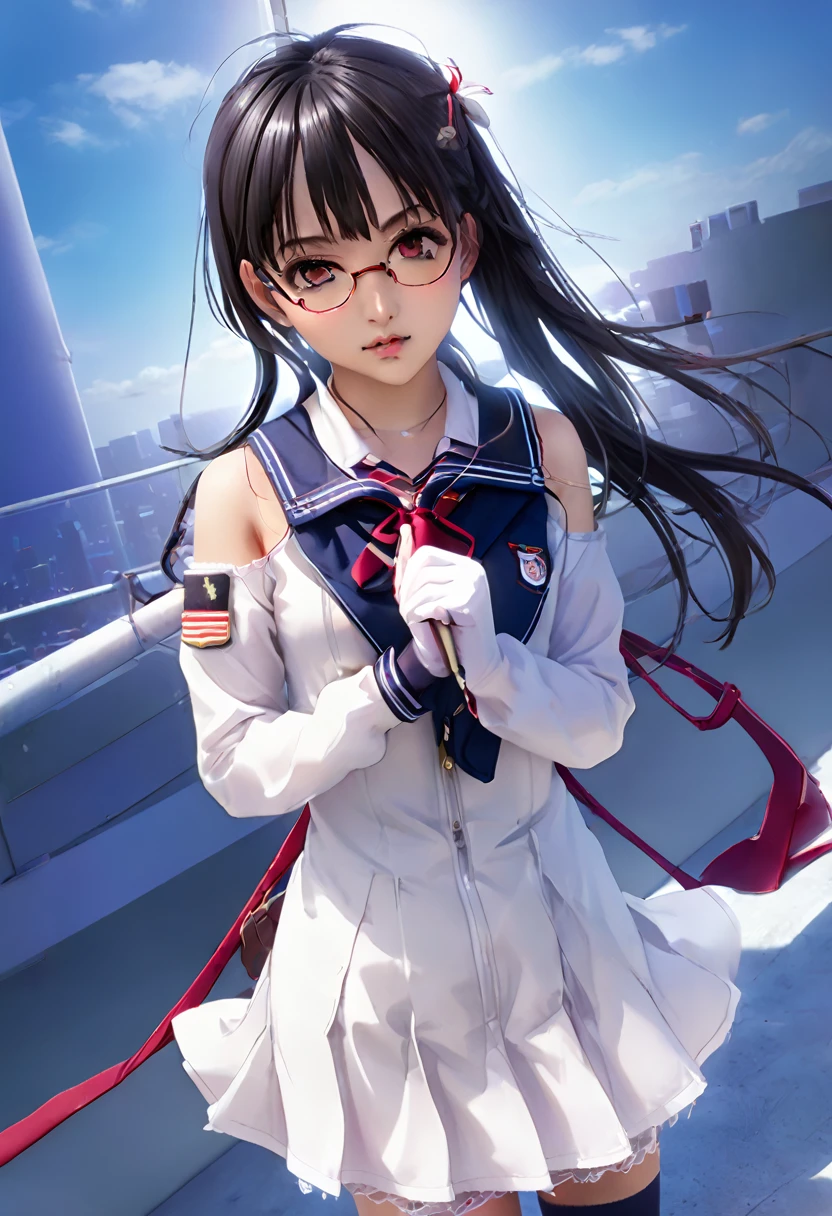 masterpiece、highest quality、Ultra-high resolution、Maximum resolution、Very detailed、Professional Lighting、anime、woman、thin、so beautiful、high school girl、White sailor suit、White knee-high socks、Equipped with a sniper rifle、Red Eye、Black Hair、long haingerless gloves、Tactical Boots、Equipped with transparent orange shooting glasses、Equipped with a chest rig、Standing alone on the battlefield