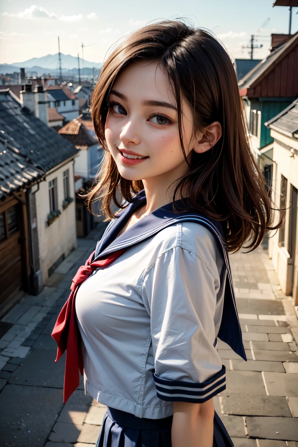 very cute and beautiful girl,teen,(highly detailed beautiful face), (smile:1.2),happy,black hair,(sailor ,pleated navy blue mini skirt),dynamic pose,looking at viewer, many european houses with red roof,(town overview:1.2), (best quality,masterpiece),absurdres,highres,ultra-detailed,extremely detailed,32k,8k resolution, intricate details,cinematic scene,detailed background,solo,dynamic angle, hair fluttering in the wind,beautiful detailed sky,