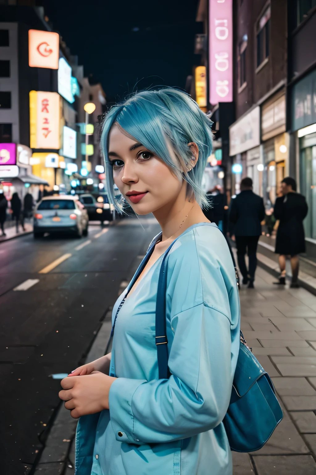 Pastel blue haired woman enjoying street life at night