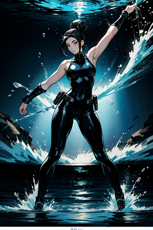 Girl with black hair in a bun using water magic to fight, full body positions, manga page with panels and dialogue   