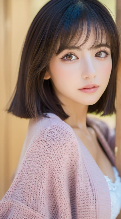 ((highest quality, 8k, masterpiece :1.3)),Japanese、People Girls, beautiful woman with slim abs :1.3, (Medium Short Hair, Huge breasts :1.2), cardigan :1.1, Highly detailed face, Fine grain, double eyelid