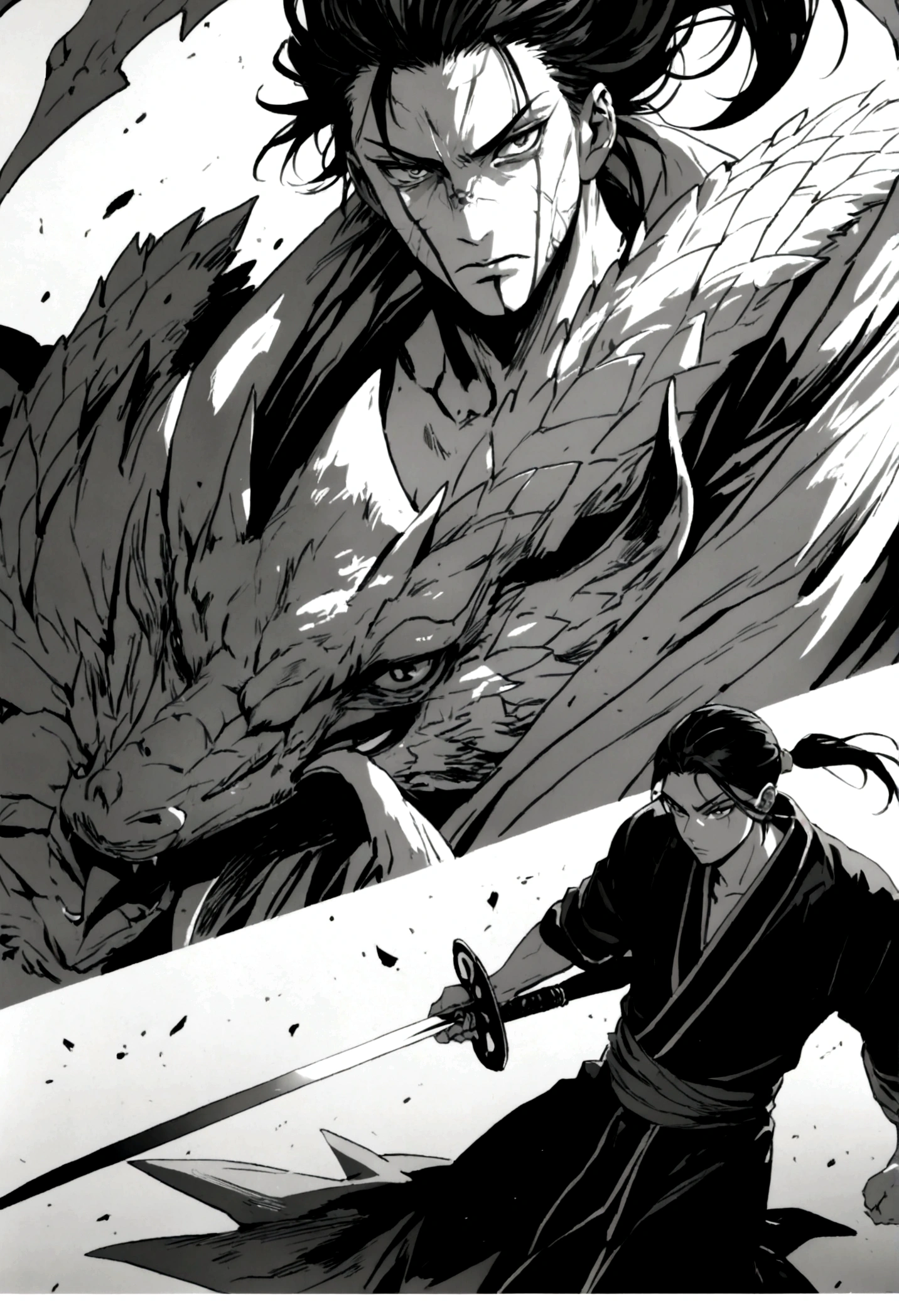 Strong young man in black robes fighting a dragon with a long blade, Black ponytail, Manga Page, ((Highly detailed facial features)), Black and White