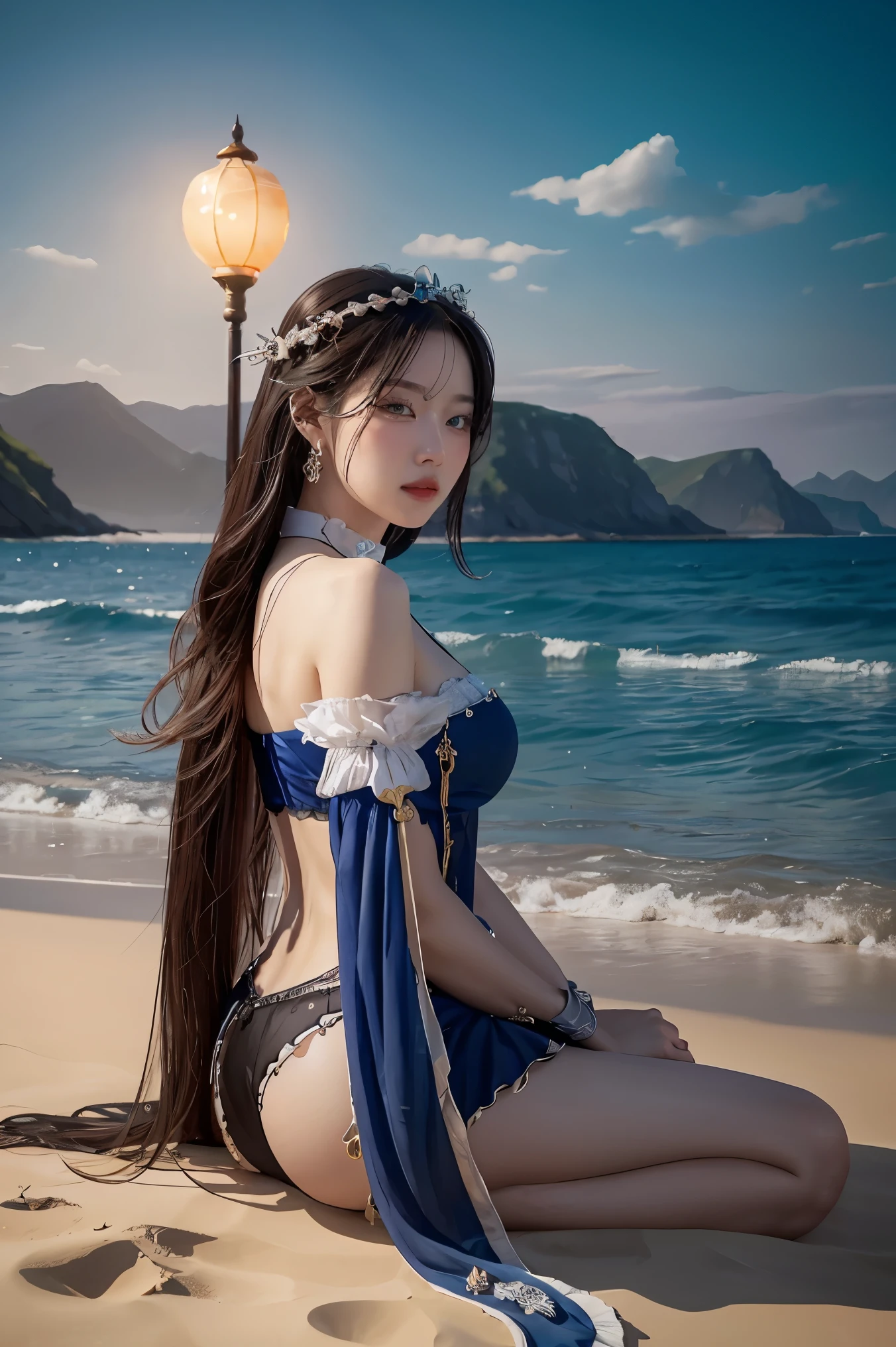 there is a woman sitting on the beach with a clock, queen of the sea mu yanling, beautiful digital artwork, 4k highly detailed digital art, a beautiful fantasy empress, 8k high quality detailed art, fantasy beautiful, by Yang J, beautiful gorgeous digital art, guweiz, artwork in the style of guweiz, beautiful fantasy art, chinese fantasy