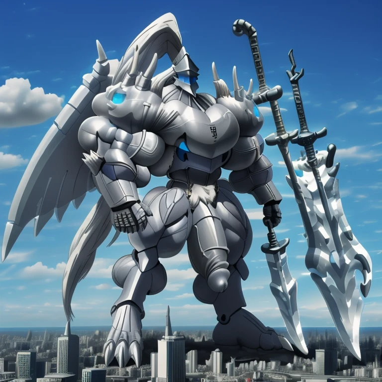 (masterpiece. official art. 8k. best quality. detailed full body. full body.)
(situation 1 : dominating Platinum_Dragon_Lord_Armor. Platinum_Dragon_Lord_Armor is over 1000 meters long. focus GIANT mechanical Muscular Platinum_Dragon_Lord_Armor is trampling the city. Looking down. macro. stomp. Low-angle perspective. emphasizing the immense size.)
(situation 2 :smoke and flames rising from the destruction in the city)
(Additional details 1: wearing a full-face helmet. high-tech bio-mecha armor. real texture material. whole body shines like metal. Wearing cyberpunk mecha. emphasizes the muscles. suit fully made of metal. intricate armor. Robotic suit. suit fully made of metal. cyborg. Powered exoskeleton with the same design as Platinum_Dragon_Lord_Armor).
(Additional details 2: (Detailed head. Detailed Body. Detailed abs. gigantic muscles. HYPER MUSCLES. Gigachad Muscular. big muscle. pecs. triceps. traps. unusually developed muscular body. body full of huge muscles. showing off muscles. pectorales enormes. Exaggeratedly huge muscles. huge muscles. long legs.).
(Additional details 3: Spread wings. It has wings. have big wings. The claws are sharp. Sharp teeth. 5 toes.).
(Additional details 4: SILVER color hyper penis. hyper SILVER penis. big penis)
(Additional details 5: melee weapon, weapon, armor, plate armor, sword, floating weapon, anthro, knight, clothing, helmet, detailed background, white fur, claws,)