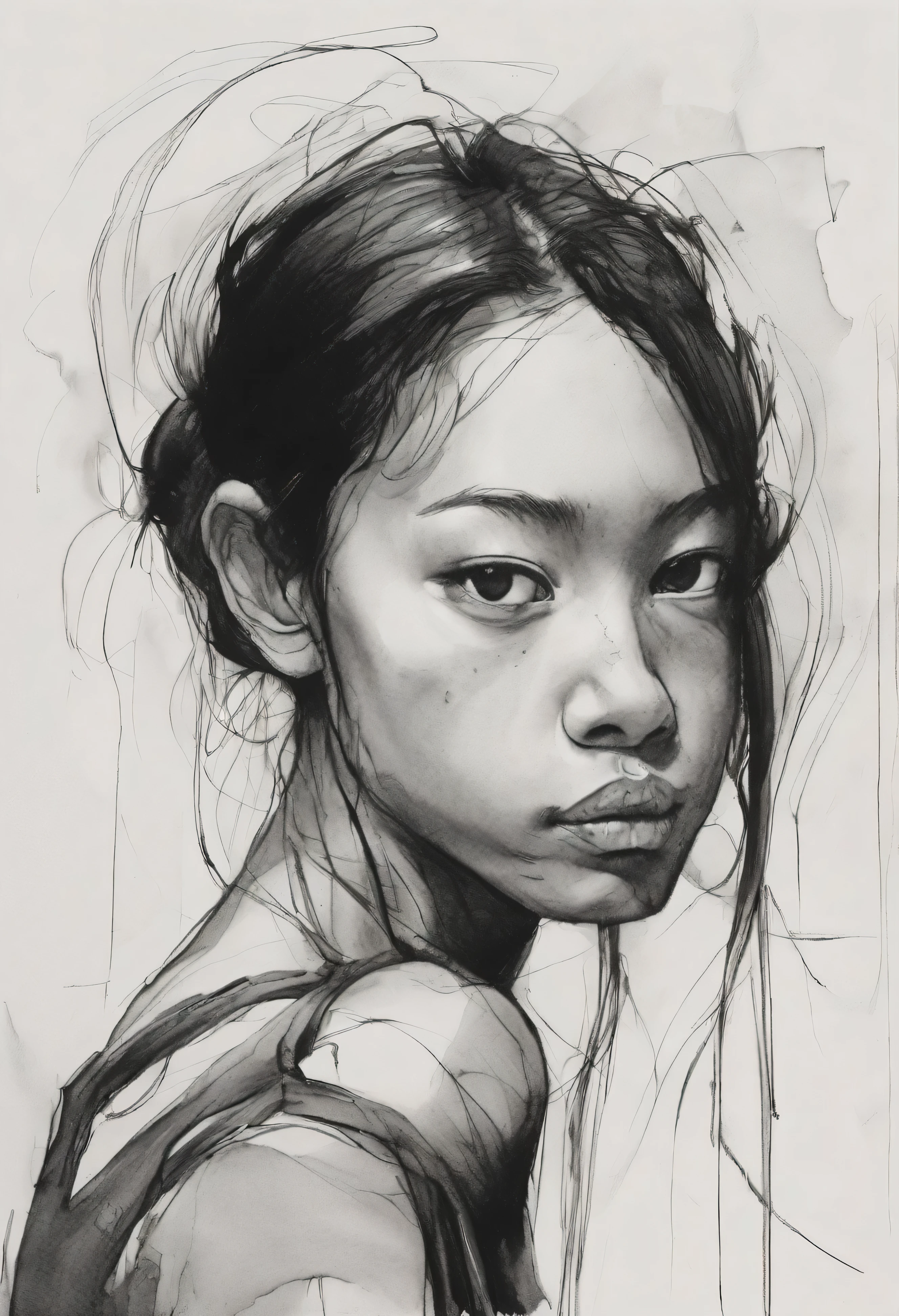 (highest quality, High resolution, masterpiece:1.2), Very detailed, Actual:1.37, Black ink sketch, Smooth lines, Expressive facial expressions and gestures, Simple Background, Enhance light and shadow and spatial perception, Plenty of negative space, Young girl.Ink portrait,Smooth lines,Expressive facial features,Subtle emotions,Ink strength comparison,Simple Background,Enhance light and shadow,wide々it was,Plenty of negative space,Peaceful atmosphere,Peaceful atmosphere,It&#39;s like a dream,Delicate yet fascinating details,pastel colour,Calm and introspective,A graceful gesture,Gentle Movement,Calm and innocent,Elegant Whisper,quiet and elegant,The Shining,Sublime Beauty,Vector illustration,Black and White,Natural and organic,nourish、Calming the mind,Sublime simplicity,Great charm.
