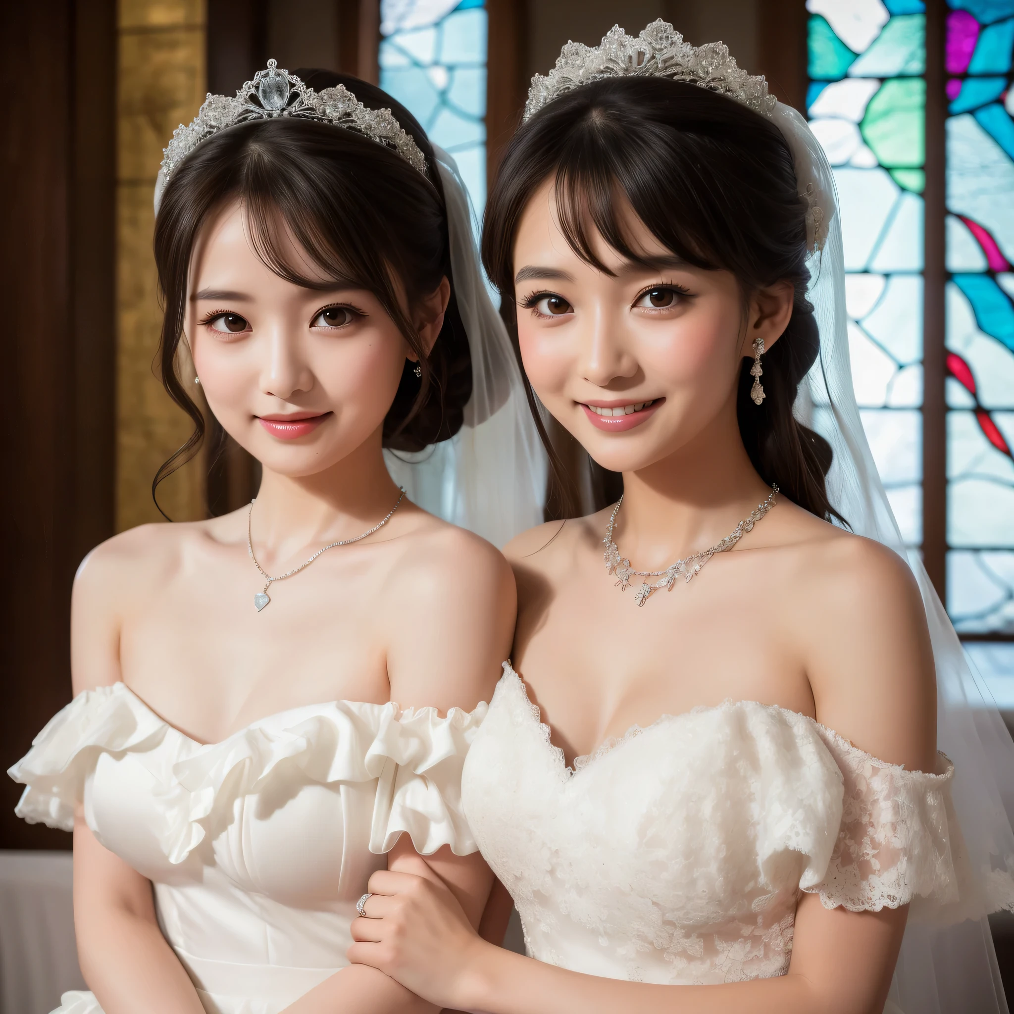 (kawaii face), (flat chest:1.2), happy smile, makeup, (Beautiful frills and lace cute wedding dress, bare shoulders:1.3), (tiaras, necklaces, earrings), Ultra High Definition, Superior Quality, Premier Quality, ultra detailed, Photorealistic, 8k, RAW Photos, highest quality, masterpiece, professional photography, Realistic portrait, Beautiful detailed, Close up portrait of girl, (chapel, stained glass), bouquet, flower decoration, beautiful bride pictures, (Fine face:1.2),