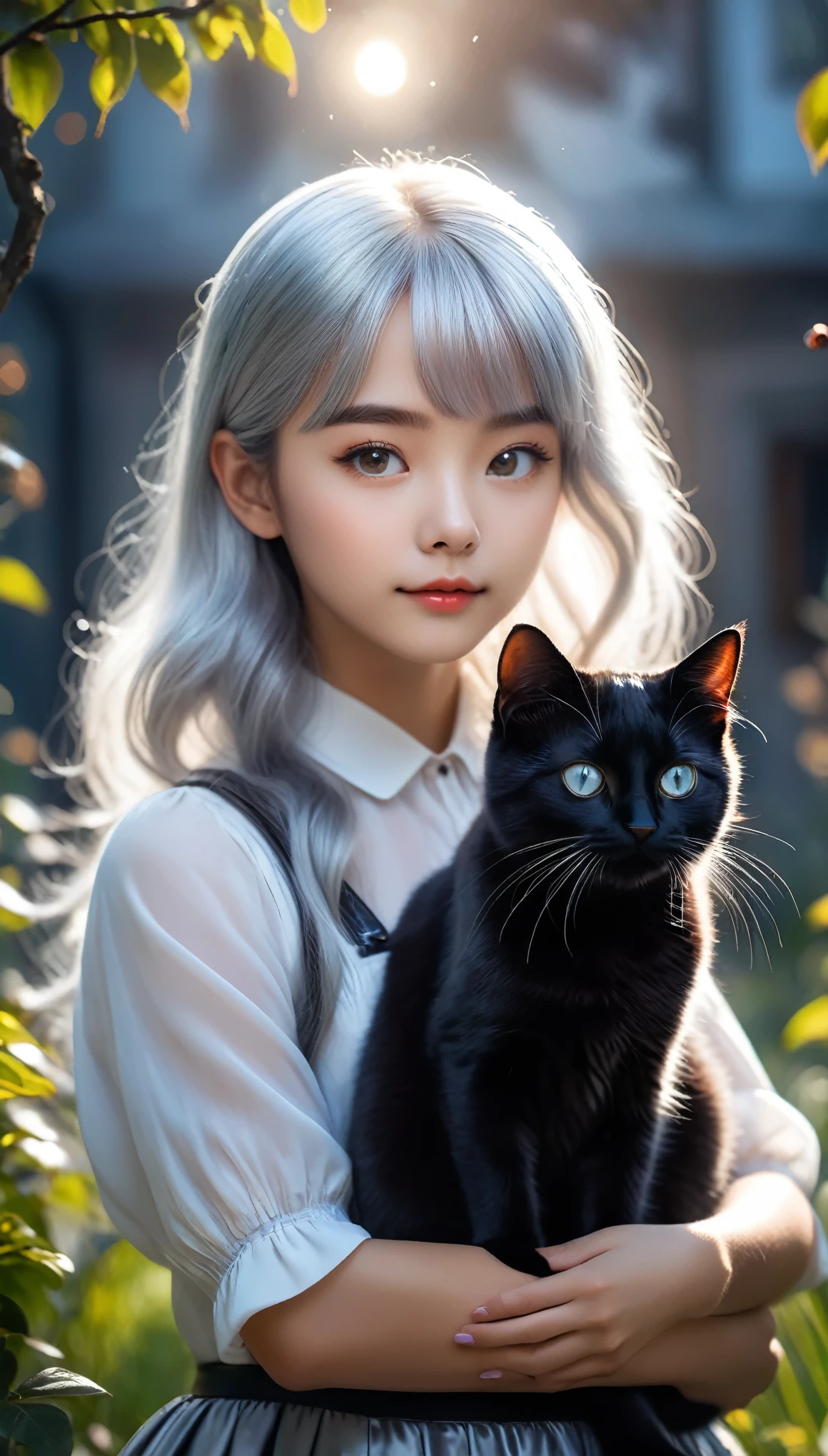 Beautiful 8k ultra high definition professional photos, Clear focus, In a stunning fantasy world, A cute silver-haired girl and a mysterious giant black cat, light up with pleasure, In bright natural light