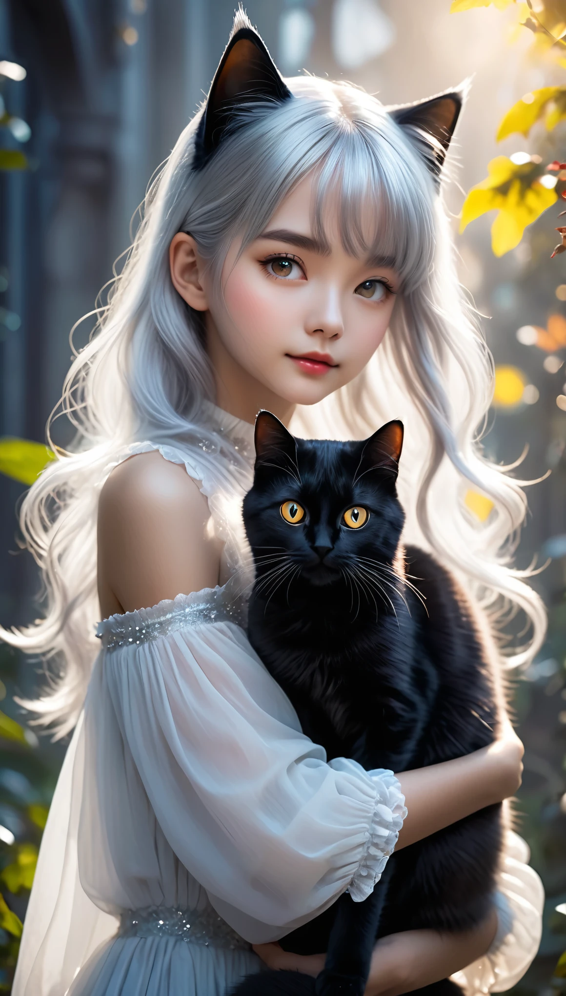 Beautiful 8k ultra high definition professional photos, Clear focus, In a stunning fantasy world, A cute silver-haired girl and a mysterious giant black cat, light up with pleasure, In bright natural light