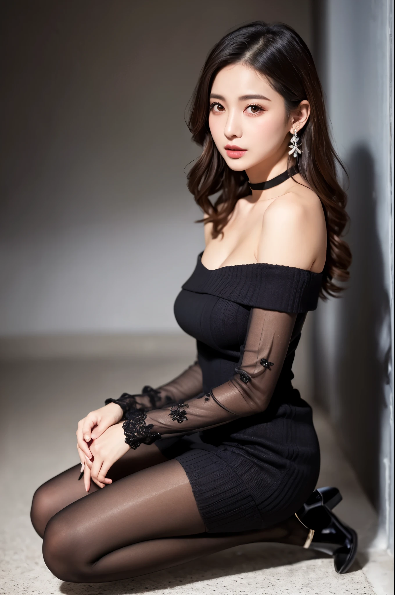 (((masterpiece))), (((highest quality: 1.4))), ((Very detailed: 1.4)) , ((Full Body Shot:1.2)), (Shot from the side), Sitting on the floor、 (See-through:1.3), ((One Woman)), Incredible beauty、Voluptuous mature woman、((choker、Off-the-shoulder knit dress、Ultra-realistic shiny black pantyhose))、 Perfect look,double eyelidの目,Delicate makeup,Cool Beauty, Accurately expresses details such as face and skin texture,(The most beautiful face and eyes), double eyelid,Delicate skin,