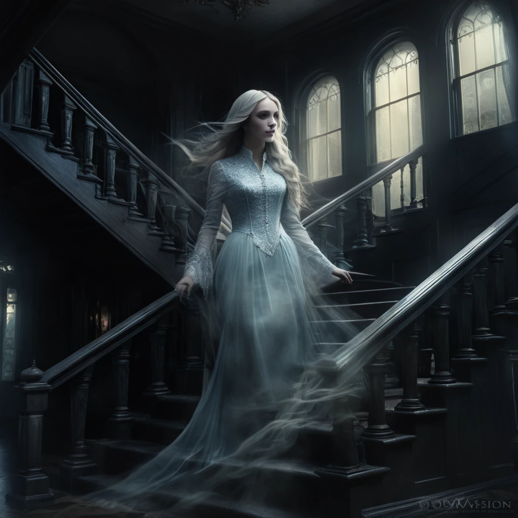 a woman with long hair in a mansion, detailed facial features, elegant dress, beautiful ornate interior, dramatic lighting, cinematic composition, intricate architectural details, high quality photorealistic rendering, masterpiece