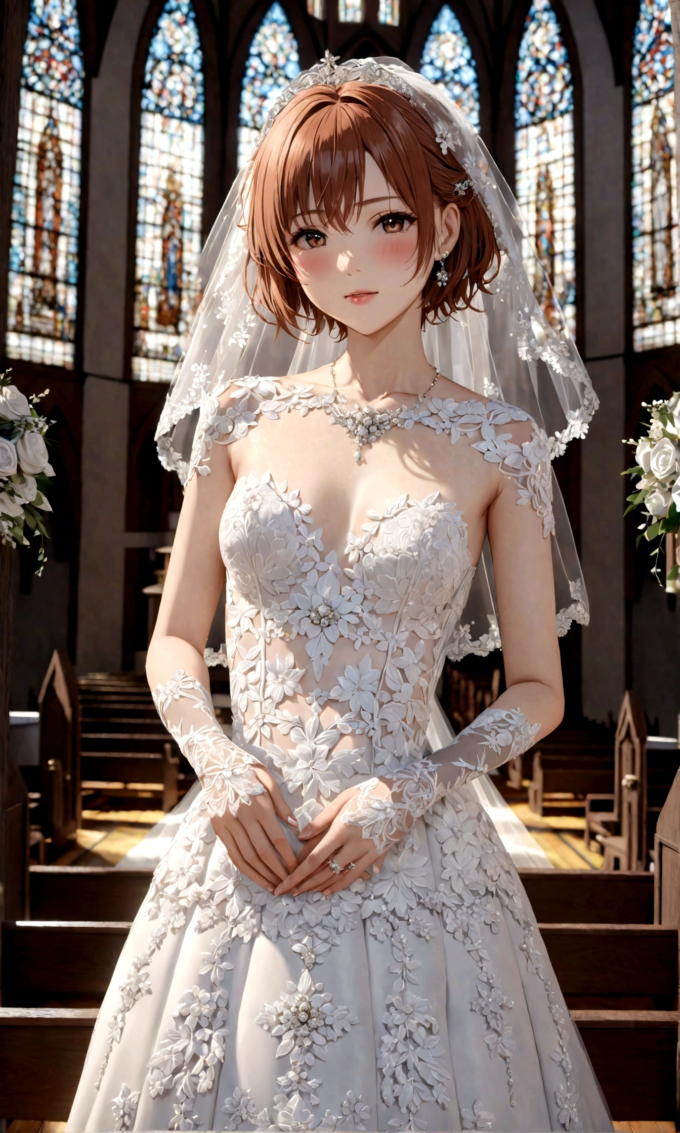 Misaka Mikoto、wedding dress, bridal gauntlets, bridal veil, wedding ring, blush, short hair, small breasts, church, UHD, retina, masterpiece, ccurate, anatomically correct, textured skin, super detail, high details, high quality, best quality, highres, 4K