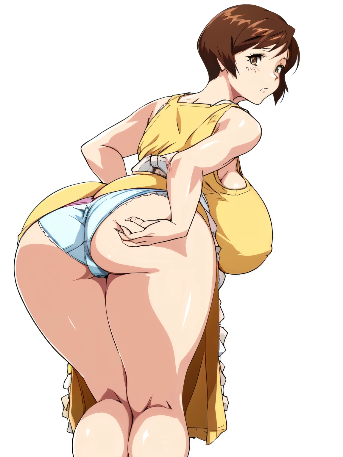 masterpiece, highest quality, High resolution, 1girl, solo, sexual intercourse, Pornographic image, short hair, etsukoto, brown eyes, fine grain, fine grain, (((Thick thighs, Plump thighs, Voluptuous thighs, Thighs are enough))), huge and ample breasts, Cleavage, Huge long breasts, Naughty big,((huge breasts are important))、((Naughty thighs)), L Cup, (thin:1.4),(Tight waist:1.4), (yellow dress:1.4), ((white waist apron)), white panties, expressionless face, clear face, looking away, (((Simple Background))), ((Wide Hips)), Shiny, Oily skin, Mature mother, Calf, Seductive mature woman, Perfect body, Plus Size Model, etsukoto, clavicle, retro artstyle, 1990s (style), ((((bent over, showing panties, from behind)))), nsfw,