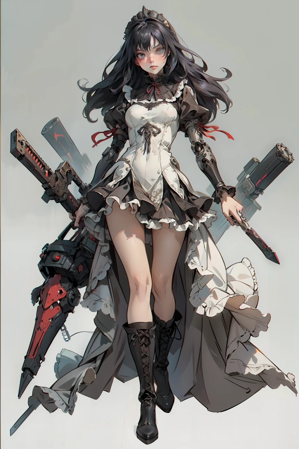 ((best quality)), ((masterpiece)), (detailed), blank white background, plain background, white background, red and white clothing, Bloodborne inspired,  occult aesthetic, occult, occult paraphernalia, detailed and intricate steampunk and detailed gothic, NSFW, Very dramatic and cinematic lighting, cosmic horror, grim-dark, side-lighting, perfect face, NSFW, Fluttering lace flared long knee length dress with frilly petticoats, knee length dress, pleated petticoats, ta dress, petticoats gothic lolicomplex lace boots, side-lighting, gothic lolita aetic, wielding mighty mechanical melee weapons, mechanical components, carbine, NSFW, beautiful small breasts, small breasts, full body, whole body, body, plain background, white background, blank background, no background, white background NSFW, full body, whole body, head-to-toe NSFW