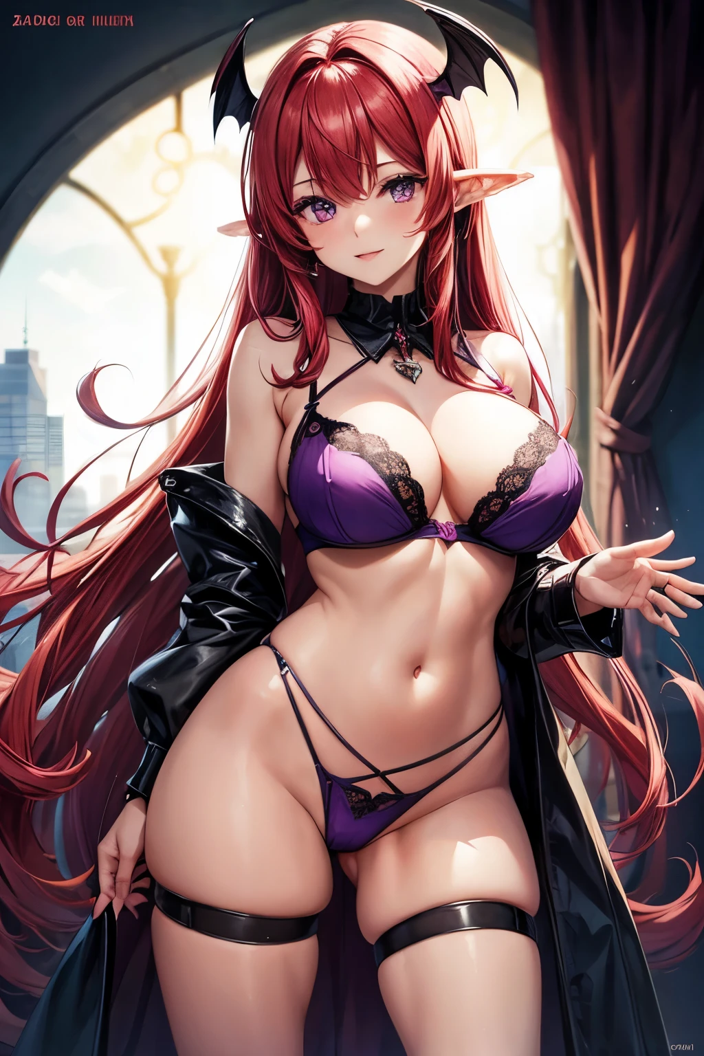 Long red hair, purple eyes, royal sister, Big breasts, three-point bra, panties, bat wings